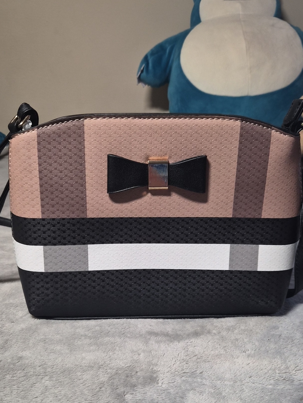 Striped Bow Crossbody Bag in Blush, Black, White
